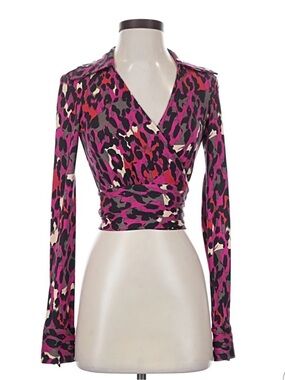 DVF Vintage Pink Animal Print Silk Jersey Wrap Top Sz.2